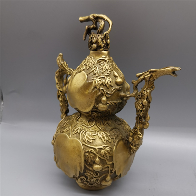 古玩收藏批发仿古做旧铜器黄铜子孙万代酒壶茶壶黄铜葫芦酒壶摆件