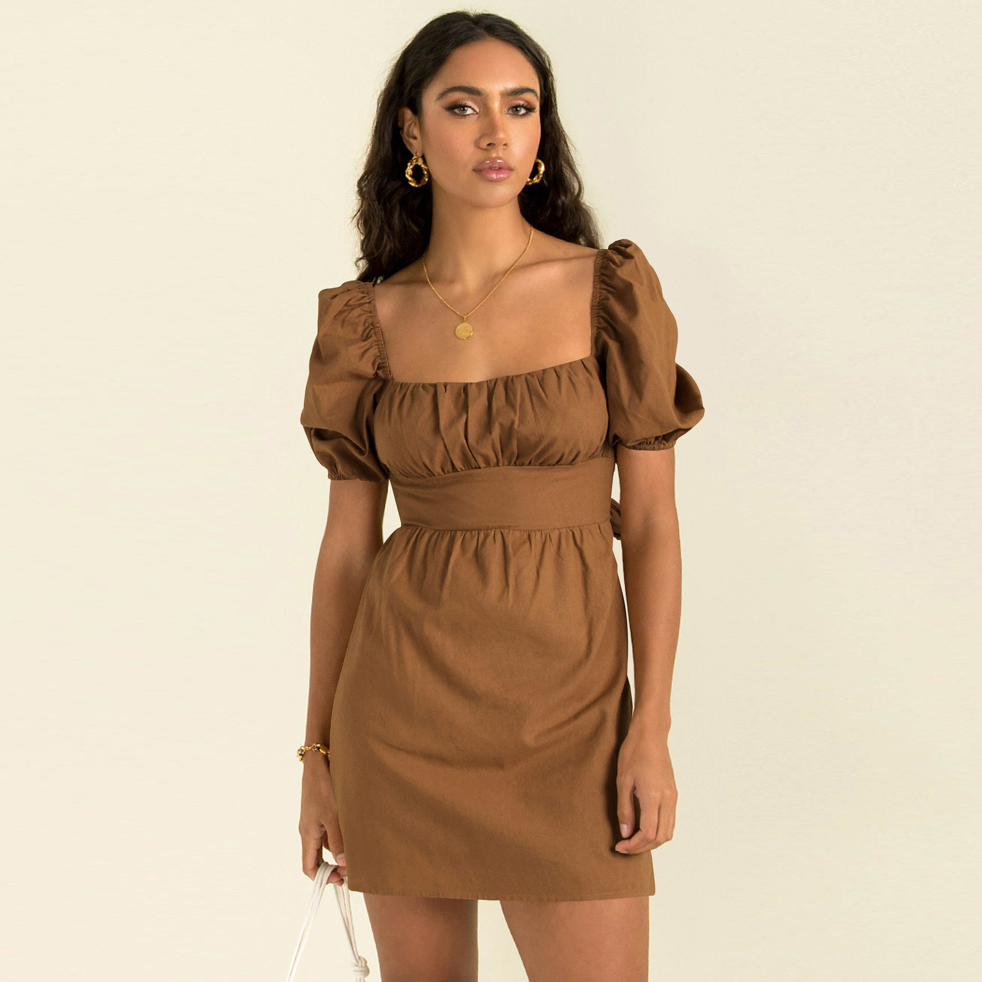 ebay夏季新品欧美潮牌连衣裙 女装时尚通勤方领短裙收腰裙子批发