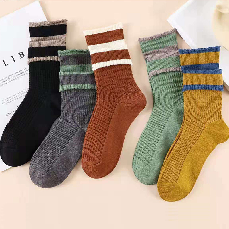 双针袜子女厂家批发复古双针松口纯色翻边竖条高筒女士棉袜堆堆袜