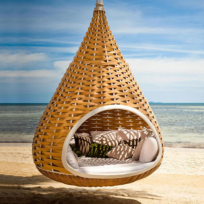 户外吊床鸟巢床民宿度假创意普吉岛藤编躺大圆床室外水滴鸟笼悬挂