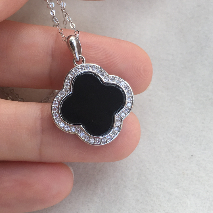 925银镶嵌缅甸天然a货翡翠墨翠墨绿四叶草玉石吊坠配银链女款百搭