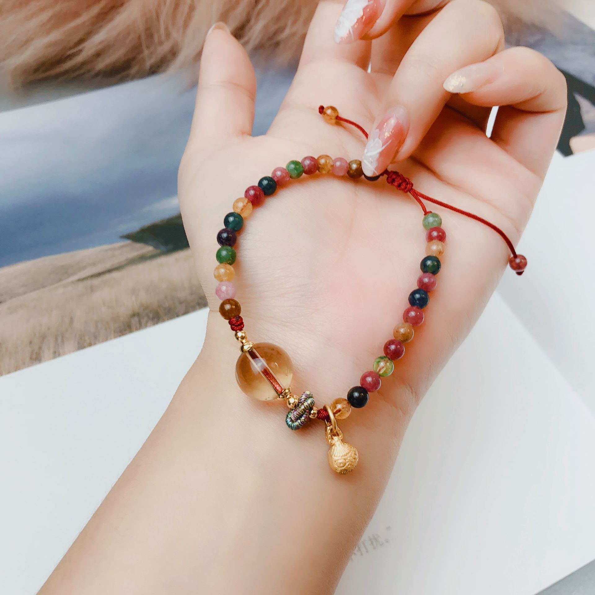 碧玺黄水晶手链三圈手编绳吞金兽奥地利水晶手串手工饰品串珠礼品