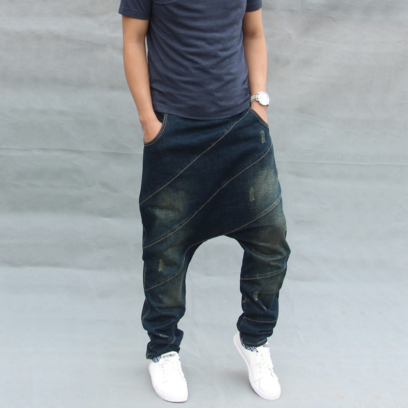 c633 潮男小脚牛仔哈伦裤 宽松大码吊裆垮裤男士街舞飞鼠裤