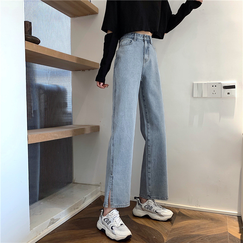   Women's Split Jeans Autumn and Winter New Straight High Waist Slimming Korean Slim Fit Slim Fit Wide-eg Pants ight Color