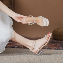 透明珍珠方头凉鞋女2024年夏季新款时尚外穿粗跟仙女风高跟凉拖鞋
