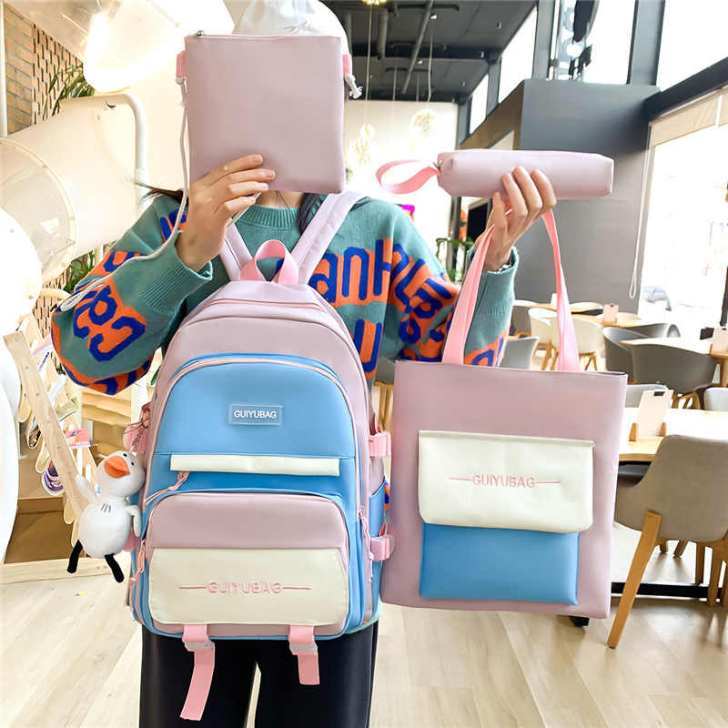 Four-Piece Set Elementary and Middle School Student Schoolbags Men Korean College Harajuku Contrast Color Cute Fresh Junior School Backpack Women