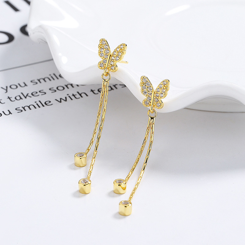 925 Sterling Silver Butterfly Long Fringe Stud Earrings for Women Unique Design Sweet Butterfly Ear Bone Stud Ins Graceful Ear Ornaments