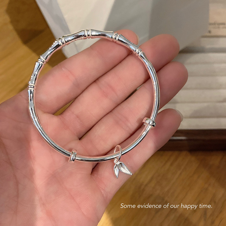 光面推拉竹节吊竹叶 纯银手镯9999足银手镯 银饰品 女生手细-阿里巴巴