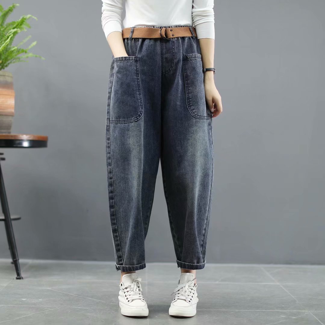 烟灰色牛仔长裤老爹萝卜裤松紧腰哈伦复古显瘦女秋天休闲裤潮