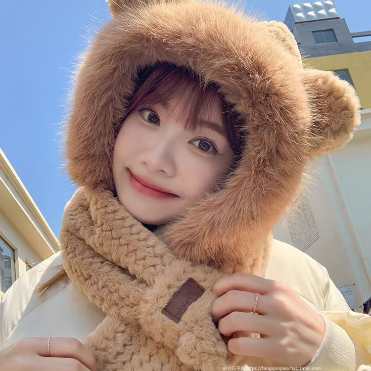 Cute Bear Hat Scarf Integrated Female Winter Leifeng Cap Female Winter Fleece Lining Warm Ear Protection Cold Protection Hat
