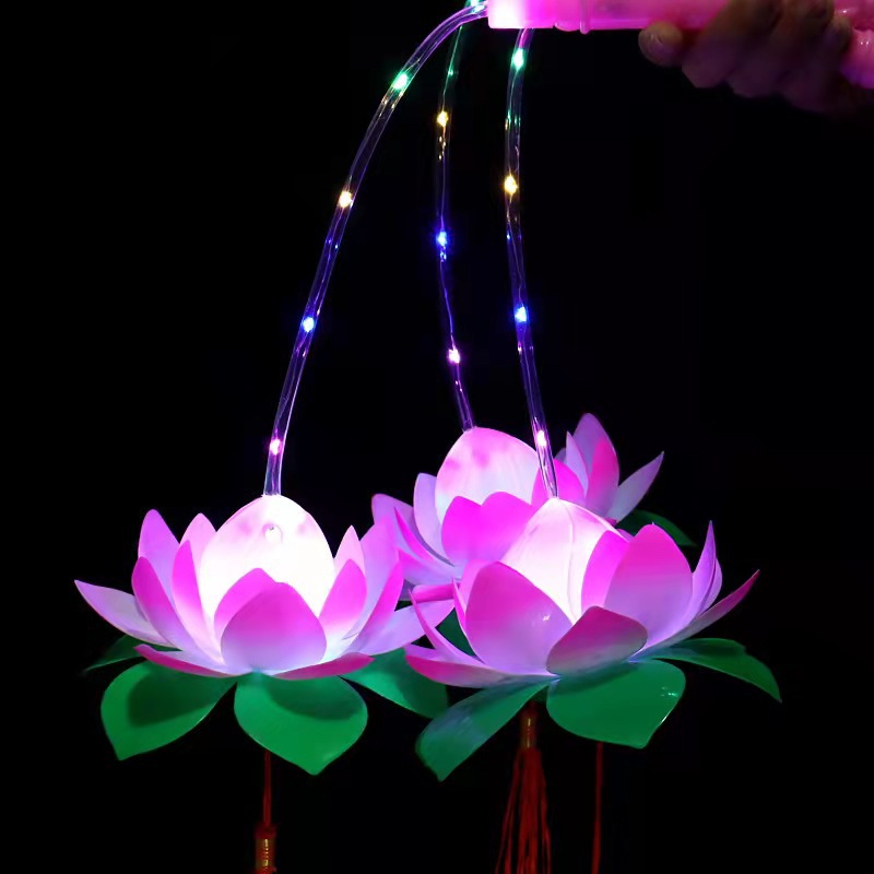 新款儿童灯笼发光玩具 七彩荷花闪光手提莲花灯 中秋元宵节许愿灯