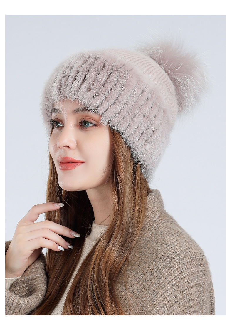 跨境热销俄罗斯貂毛帽子女冬天加绒保暖护耳毛线帽时尚皮草针织帽