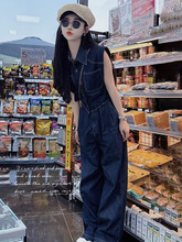 韩版休闲时尚牛仔套装女夏新款洋气复古无袖衬衫直筒阔腿裤两件套