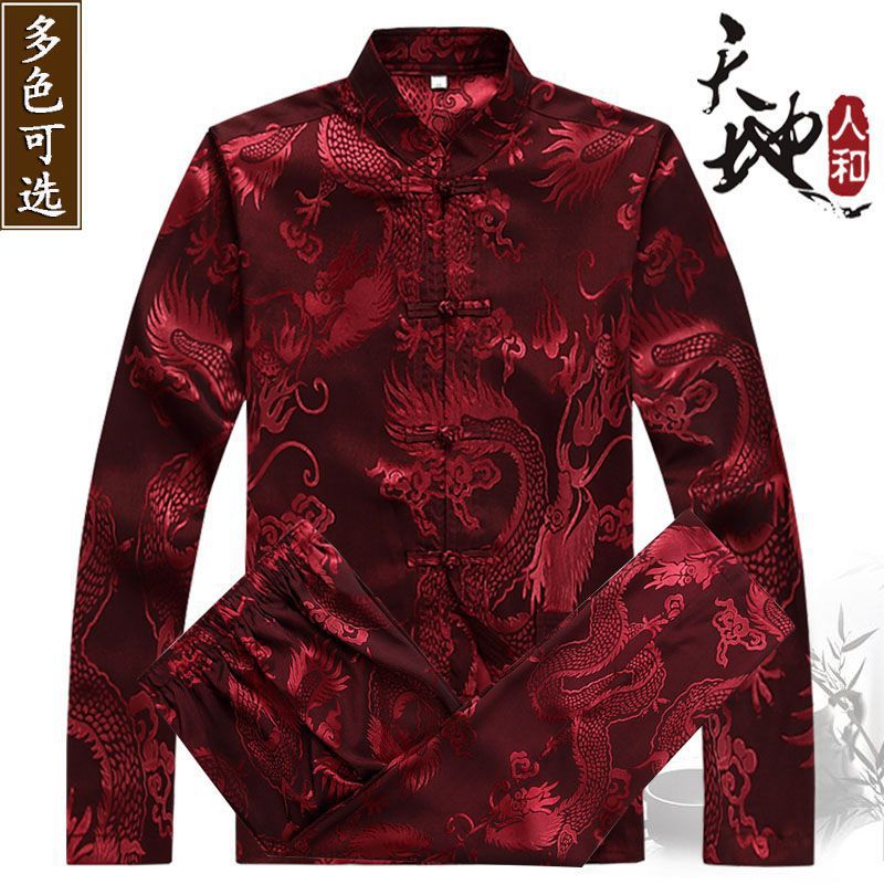 春夏季中老年人唐装男长袖套装立领爸爸装中国风中式大码衬衫汉服