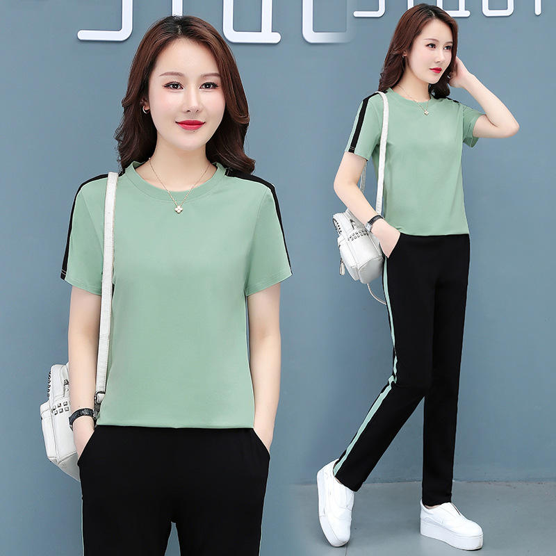纯棉运动套装女洋气休闲服两件套短袖夏季减龄妈妈装宽松大码潮牌
