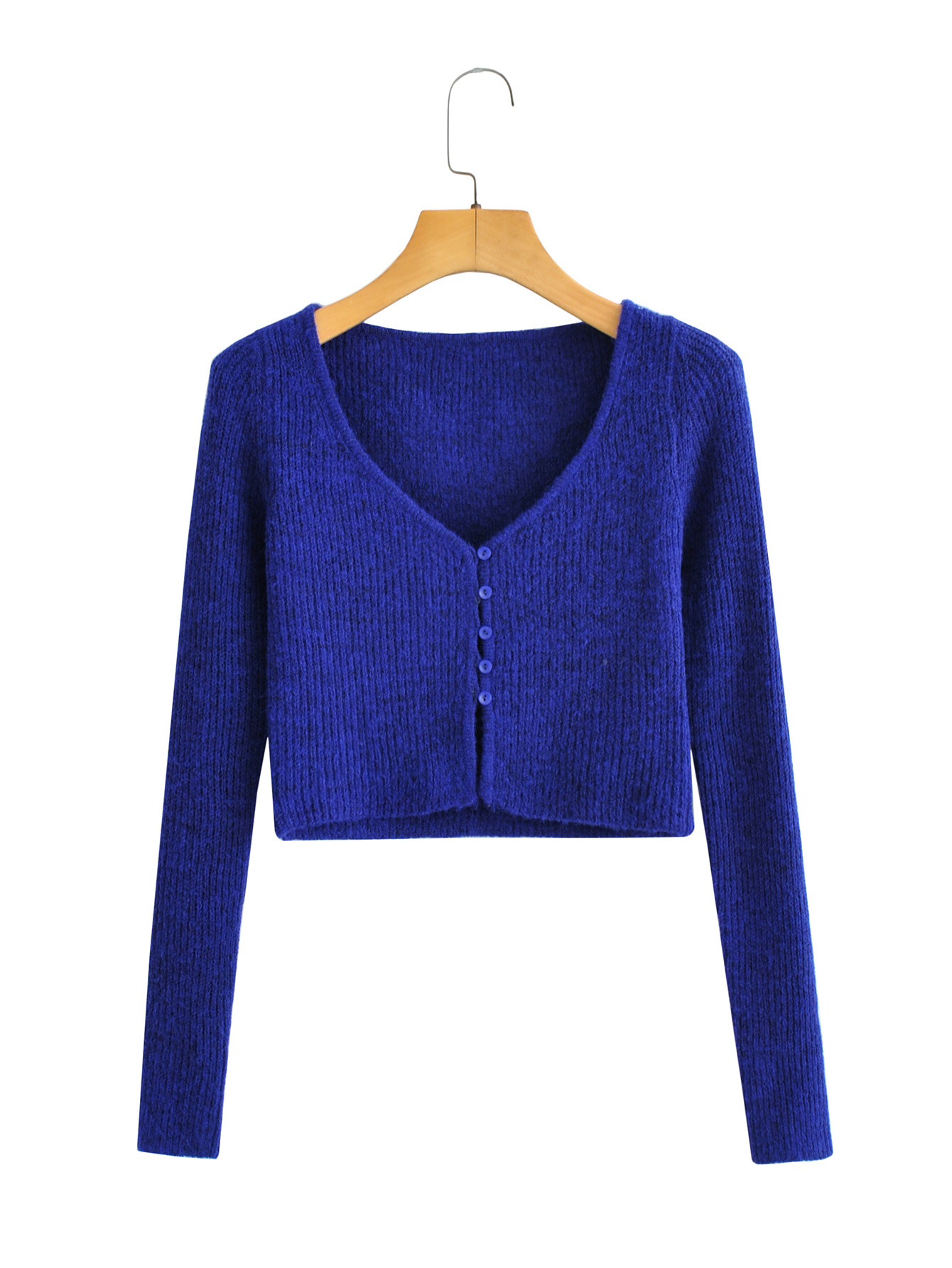 2022春季外贸批发女装蓝色短款针织开衫毛衣外套