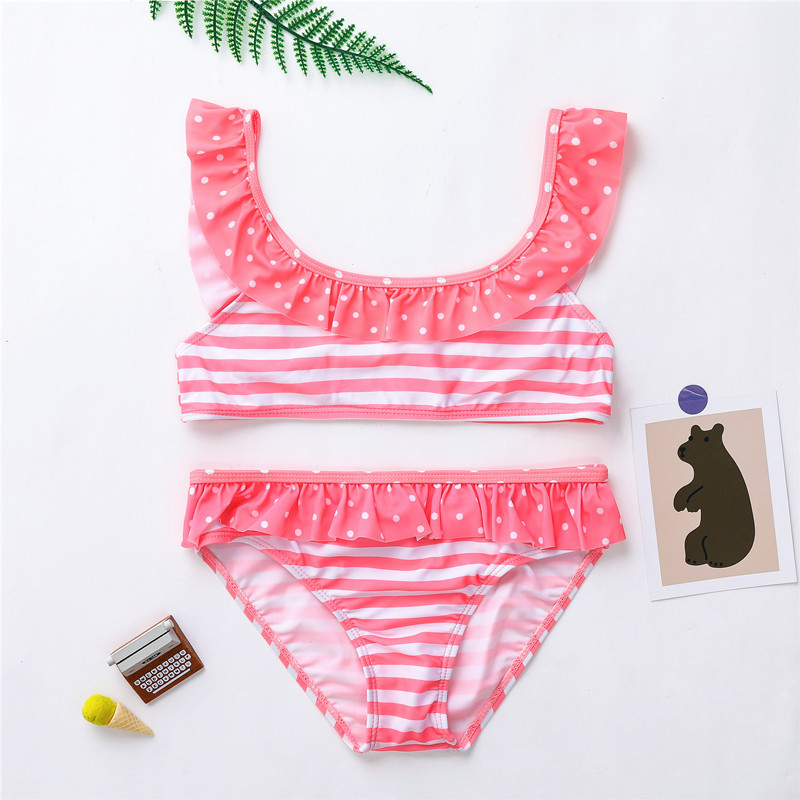 新款出外单女童条纹粉色比基尼泳衣 可爱分体游泳衣 中大童泳装