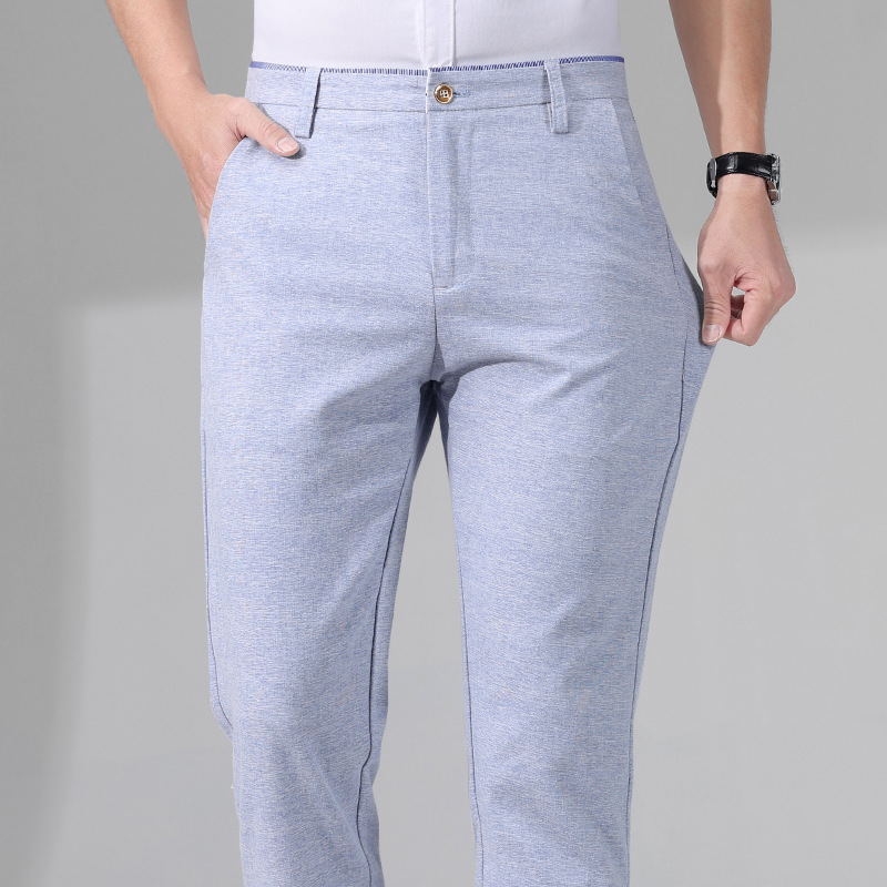 夏季薄款天丝亚麻商务休闲裤男款冰丝修身直筒棉麻弹力长裤子男装
