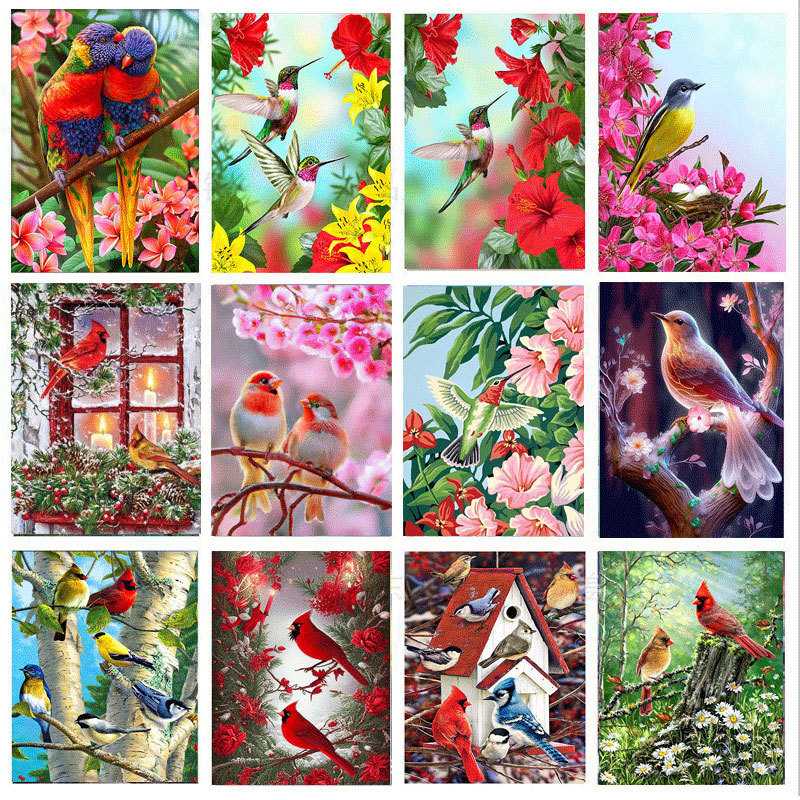 亚马逊跨境 钻石画5d爆款满钻花鸟DIY贴钻十字绣客厅装饰挂画