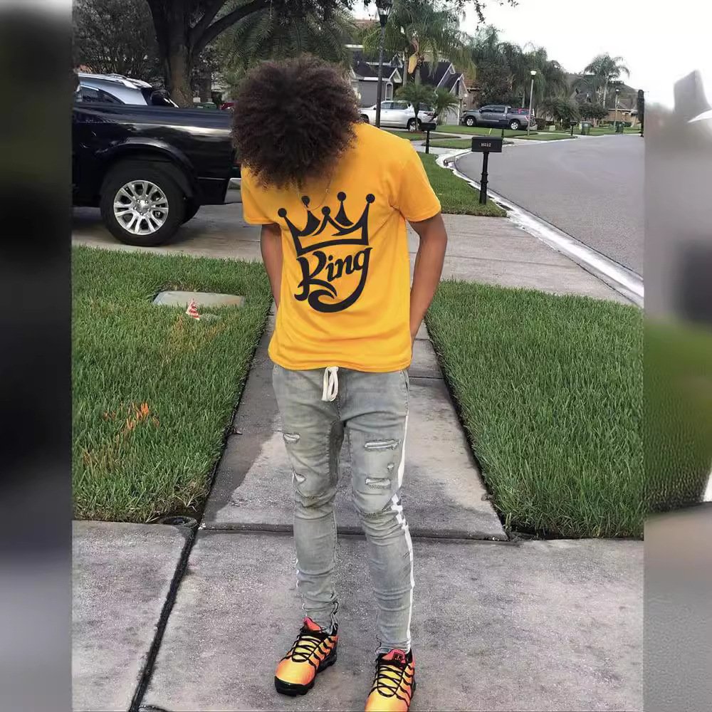 2024欧美外贸跨境热销款男装皇冠king圆领修身青年t恤短袖衣服潮