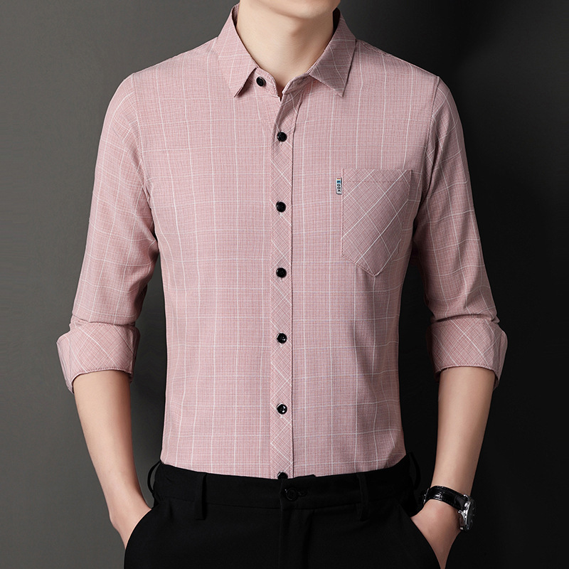 长袖衬衫男款爸爸装2024秋季新款商务休闲格子衬衣男士棉麻上衣服