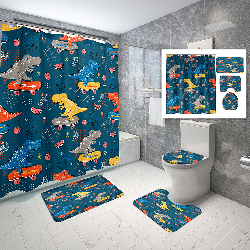 3D Digital Printing Dinosaur Bathroom Set Cartoon Waterproof Polyester Shower Curtain Non-Slip Toilet Mat Three-Piece Set