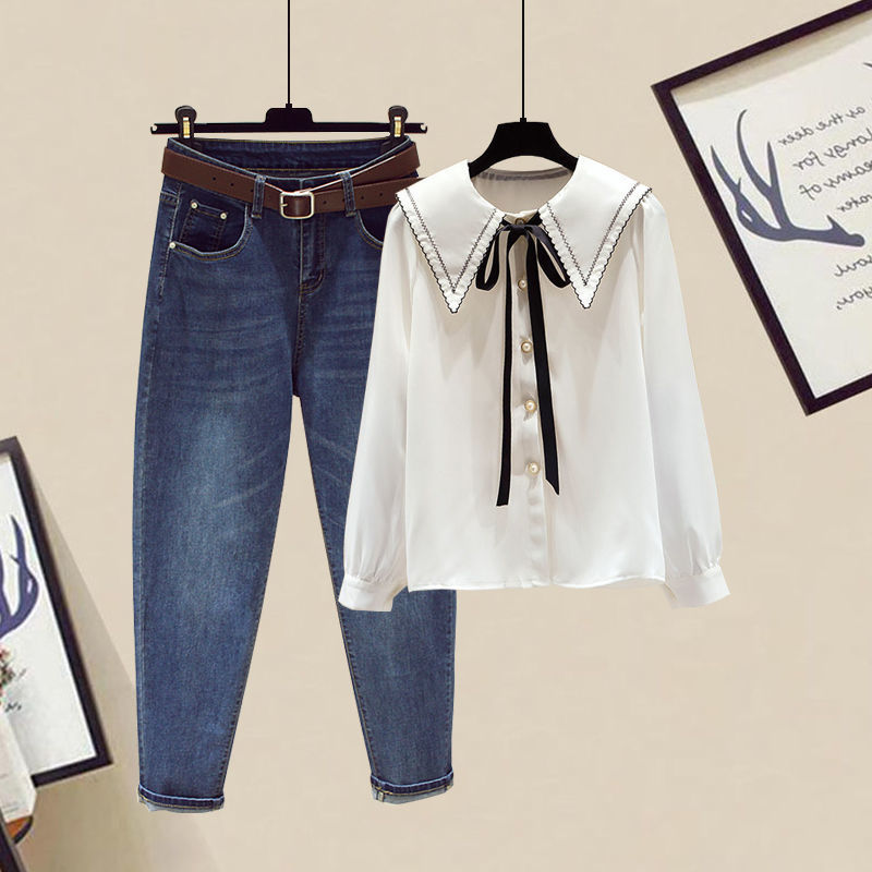 春季套装洋气衬衫百搭长袖娃娃领雪纺衫配高腰显瘦牛仔裤两件套女