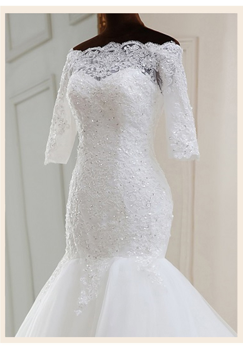 中袖婚纱礼服款式一字肩流行元素绑带婚纱礼服摆型小拖尾适用场景婚庆