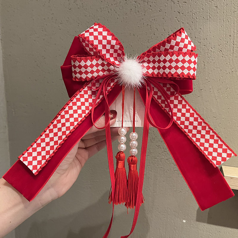 新年发饰女童红色国潮风大蝴蝶结发夹貂毛流苏喜庆发卡秋冬头饰品