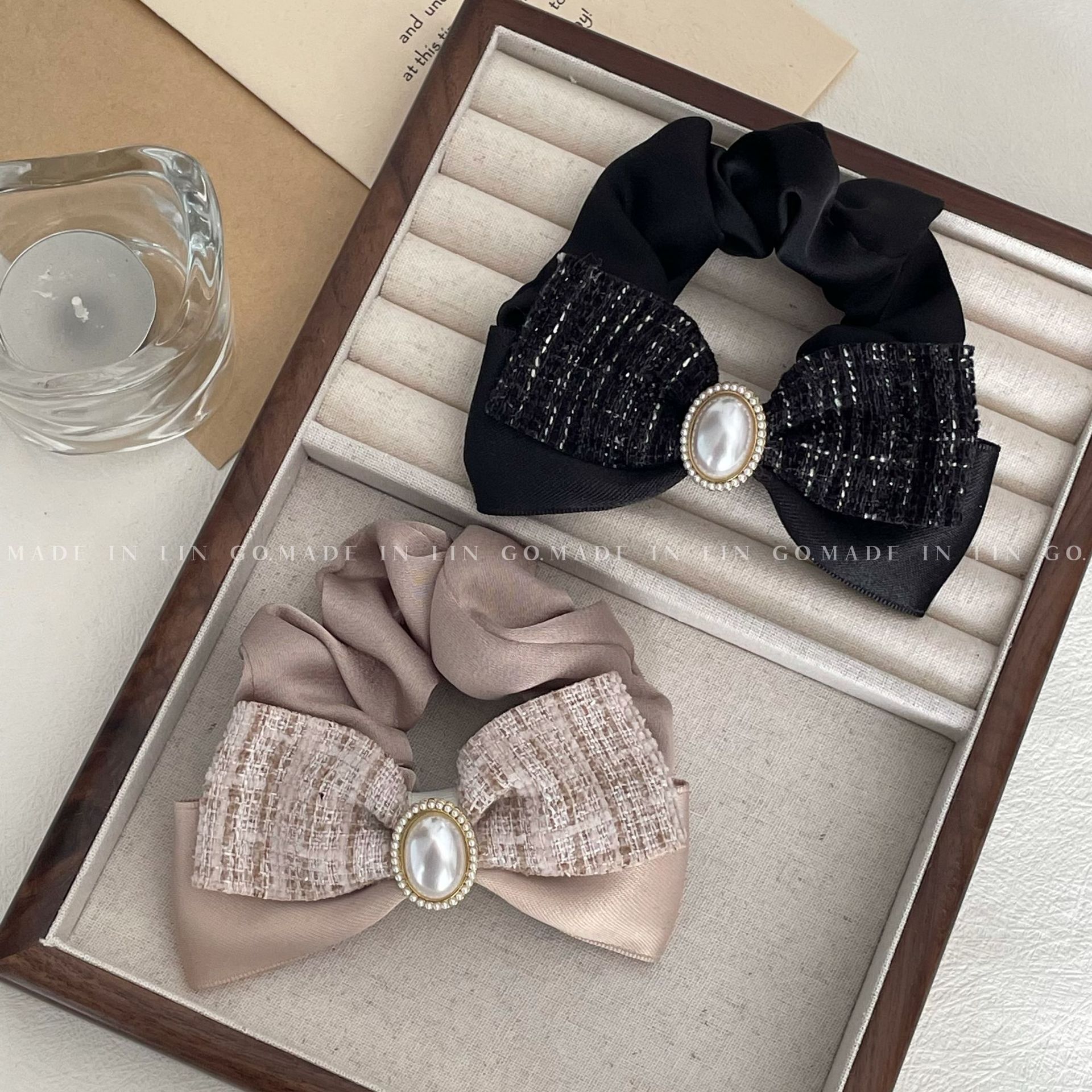 Light Luxury Classic Style Pearl Bow Large Intestine Hair Band Female Ribbon Head Rope Rubber Band High-Grade Hair Accessories Tie up a Bun Hairstyle