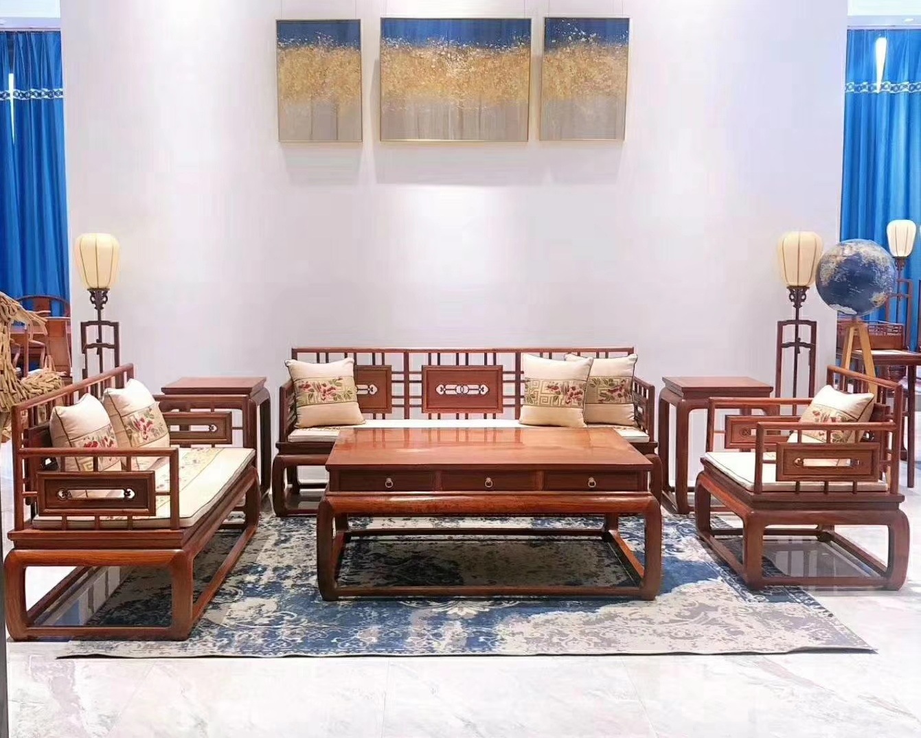 缅甸花梨木沙发六件套组合 客厅红木雕花沙发 大果紫檀木明式苏作