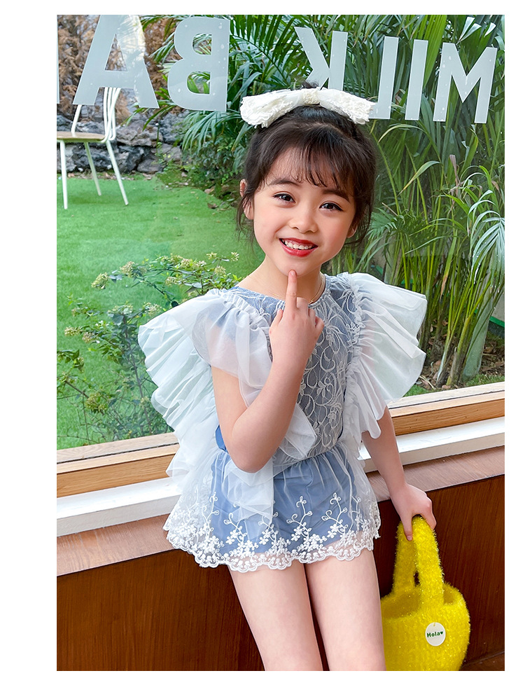 2022新女童中小童大童荷叶边连体平角小可爱小学生蕾丝公主裙泳装