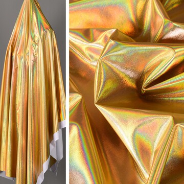 满版幻彩金色烫金布料 镭射炫光四面弹力舞台表演服背景布面料