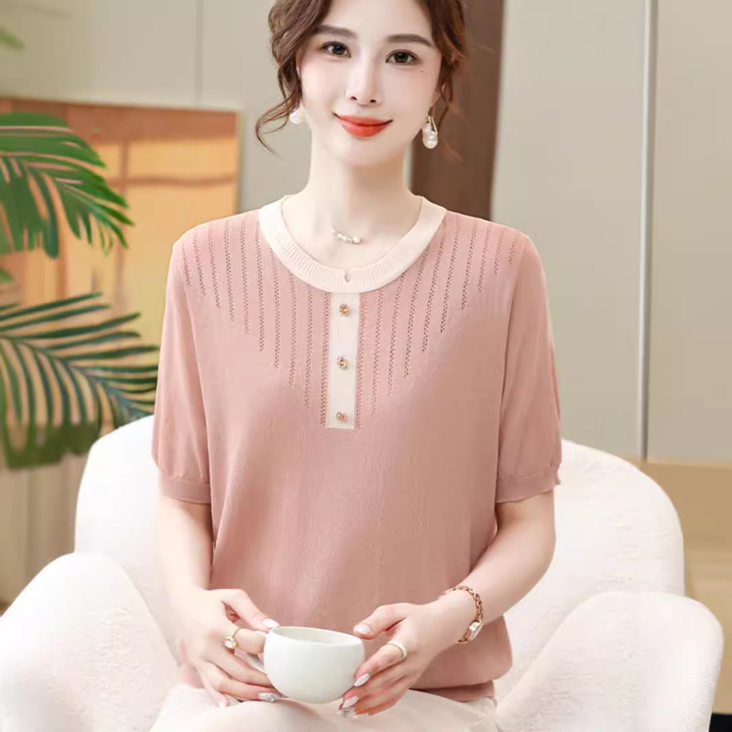 2024中老年女装短袖针织衫宽松洋气冰丝上衣妈妈夏季套装圆领t恤