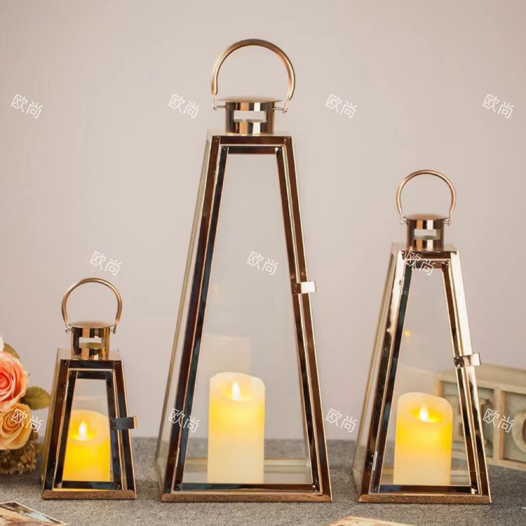 European-Style Floor Stainless Steel Windproof Storm Lantern Gold Retro Candlestick Wedding Props Outdoor Simplicity Ornaments