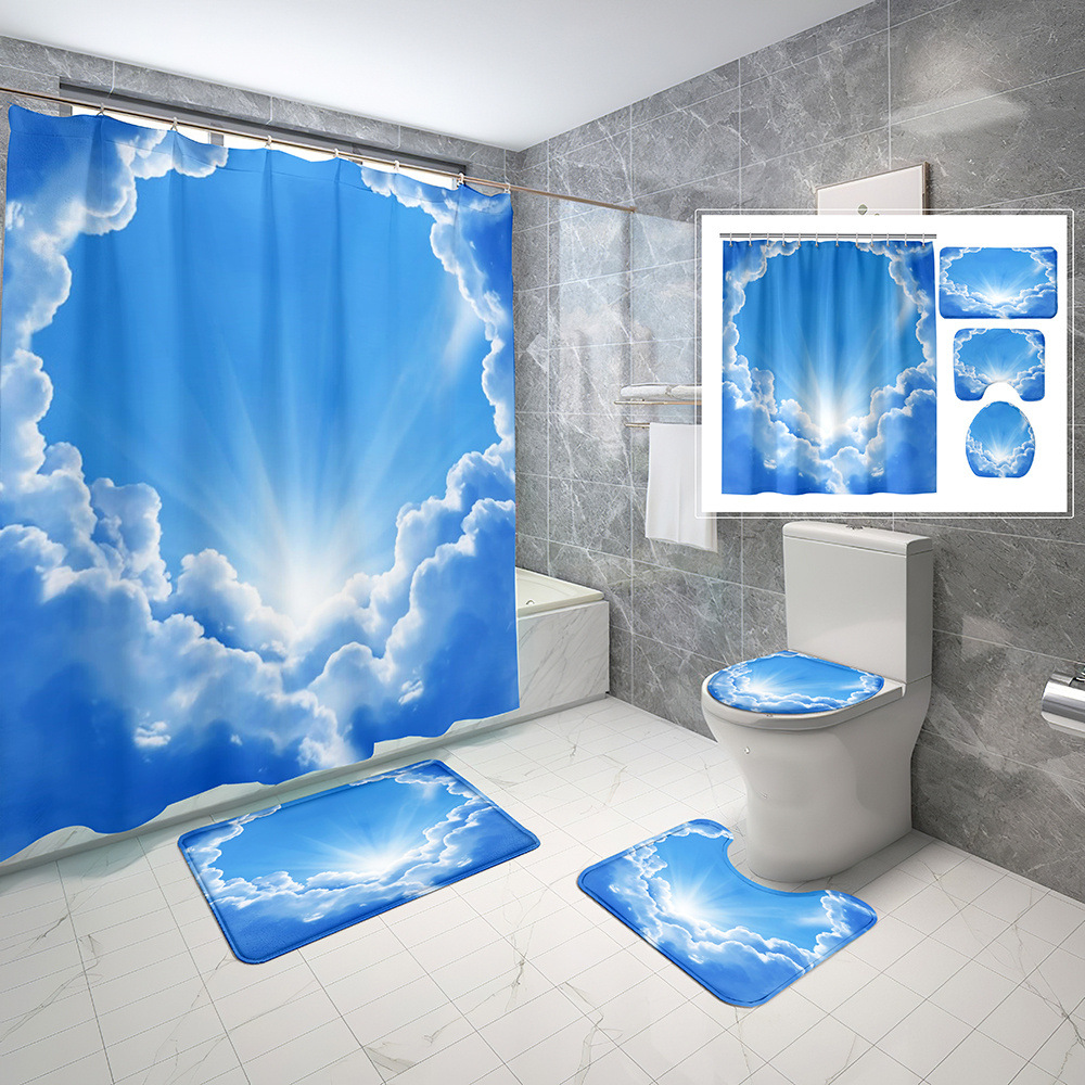 Natural Landscape Bathroom Set HD Digital Printing Waterproof Shower Curtain Four-Piece Set Absorbent Non-Slip Sponge Toilet Mat