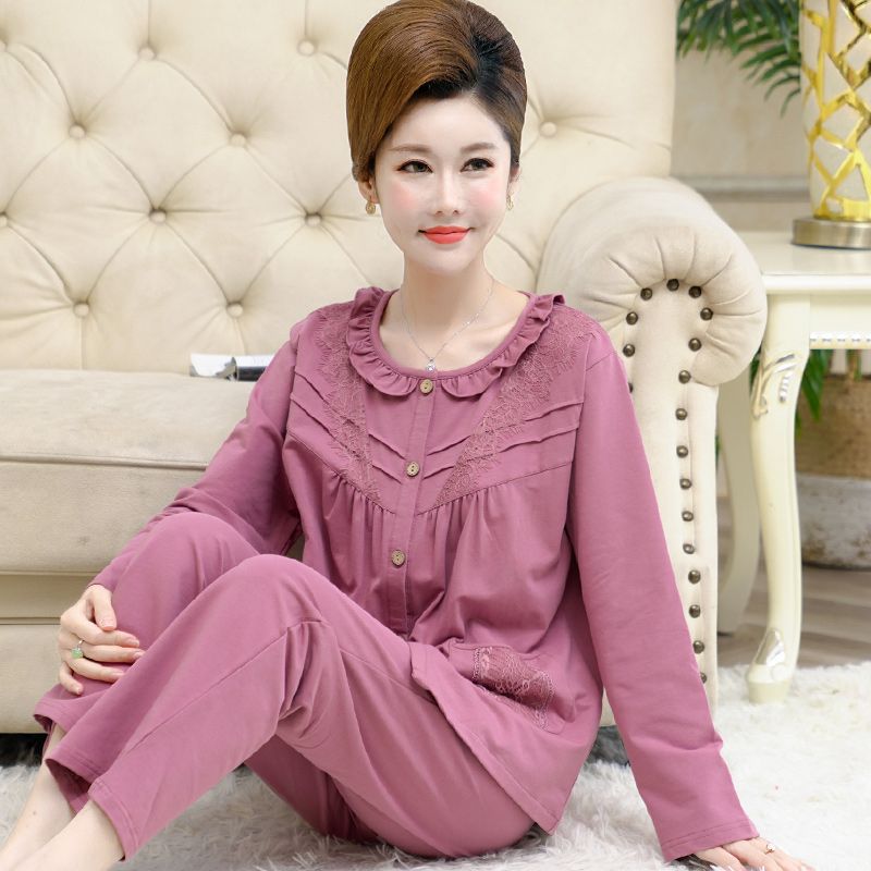 圆领中老年妈妈女士睡衣女棉长袖中年春秋开衫家居服睡衣女4050岁