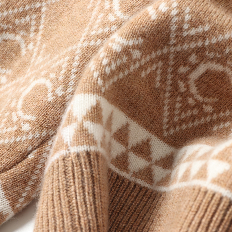 4纱重磅加厚山羊绒衫连帽系绳双色提花针织毛衣套头女装秋冬代发