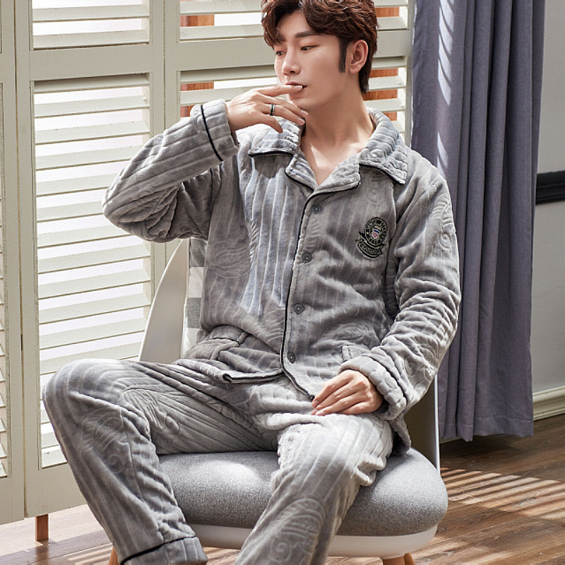 冬季男士睡衣男加绒加厚珊瑚绒睡衣男秋季法兰绒秋冬大码家居服冬