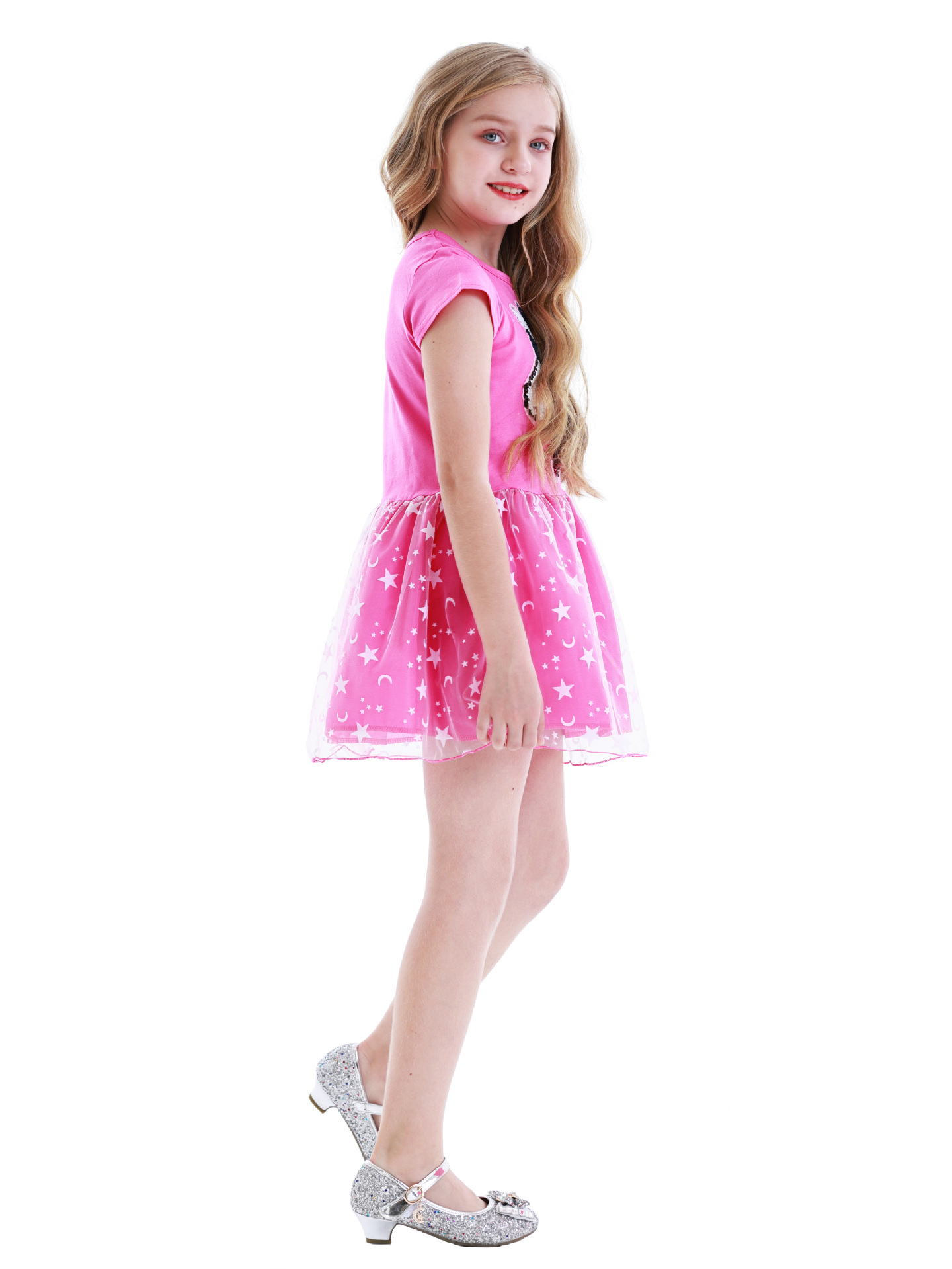 欧美女童网纱裙3-8岁儿童蓬蓬裙亮片卡通图案短袖裙子gauze skirt