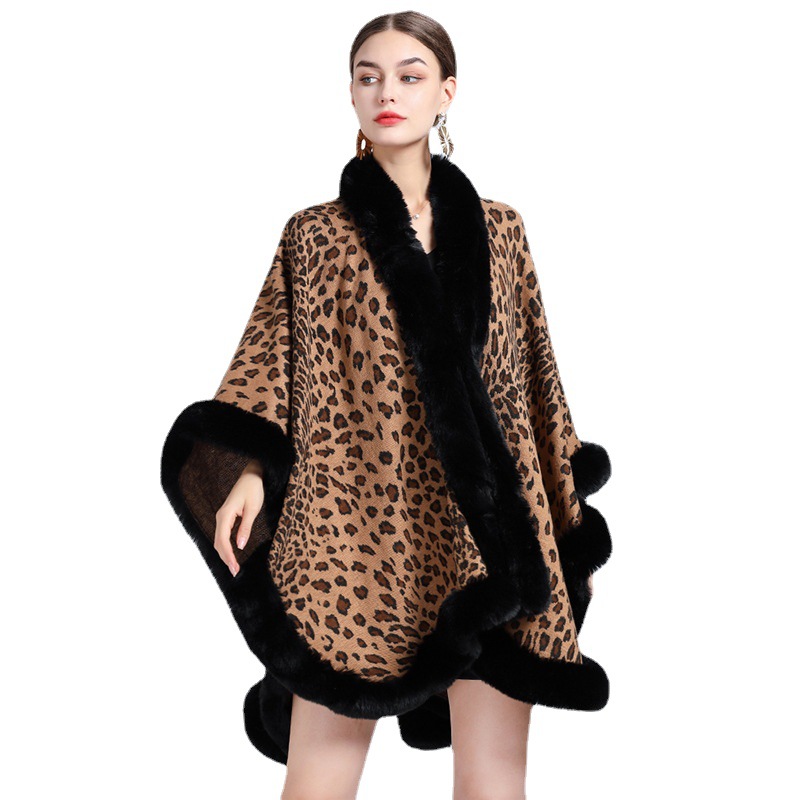 808# European and American Autumn and Winter New Imitation Rex Rabbit Fur Collar Leopard Jacquard Shawl Cape Oversized Knitted Cardigan Coat for Women