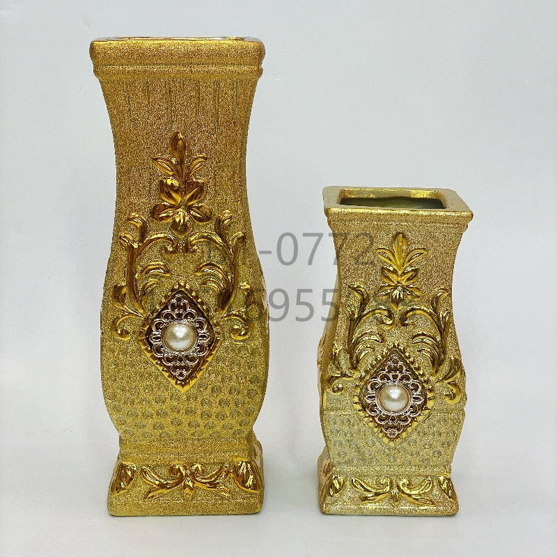 Sandy Gold Inlaid Beads Ceramic Vase 10-Inch 25cm Light Luxury Flower Pot Living Room Home Ornaments Flower Pot Crafts