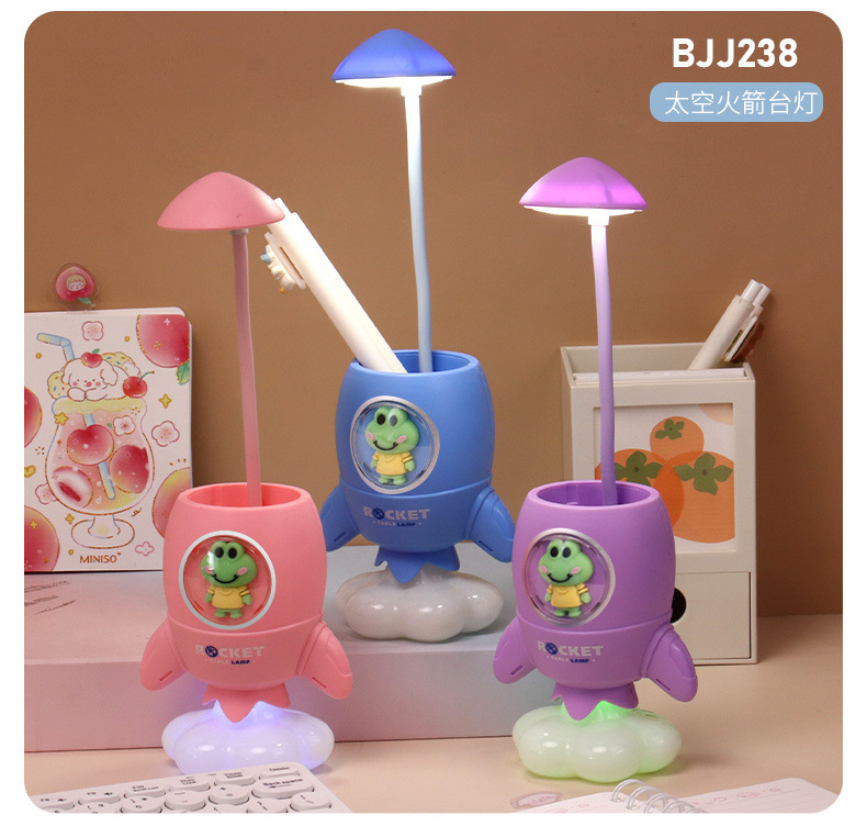 Cartoon Rocket Table Lamp Rechargeable Hose Adjustable Angle Three-Gear Light Children's Room Study Light Reading Light