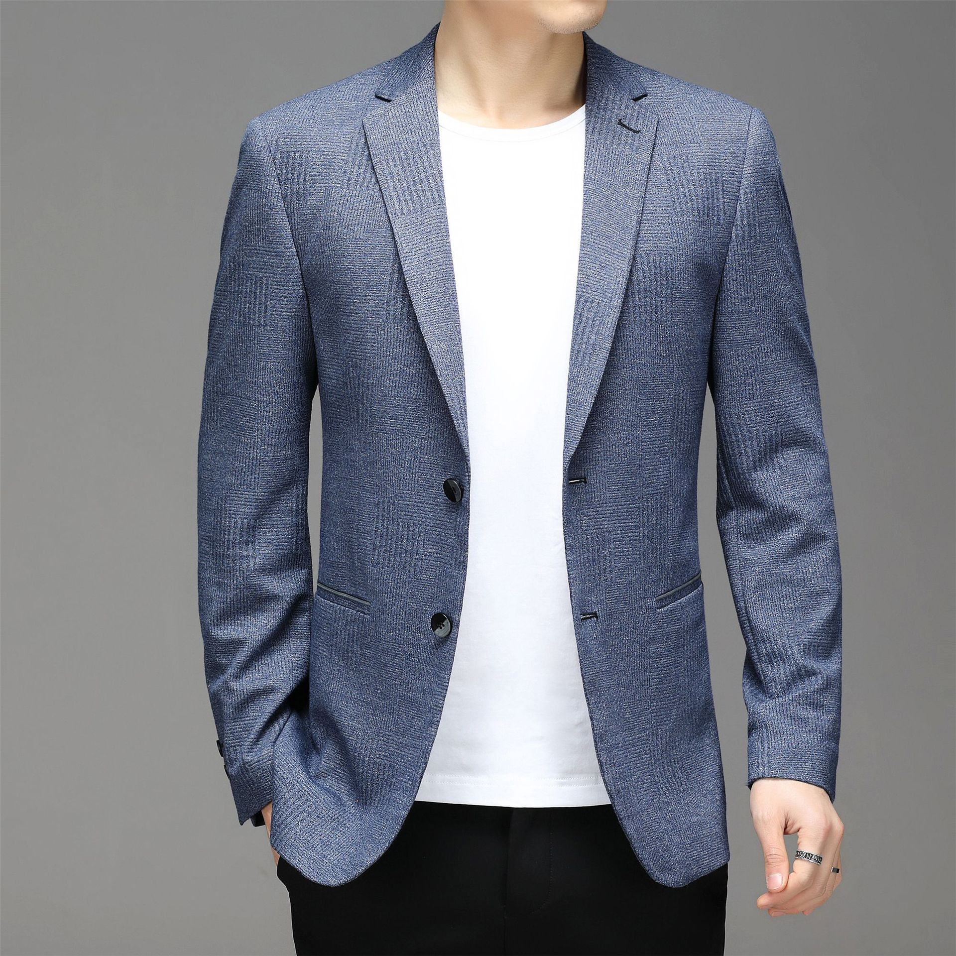 跨境春秋新款商务西装男修身针织弹力外套外贸批发男式休闲西服