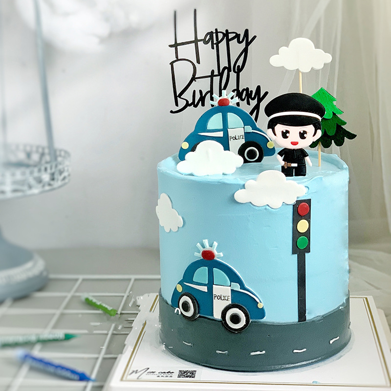 软胶警察警车蛋糕装饰交通信号灯插件网红儿童卡通烘焙装饰甜品台
