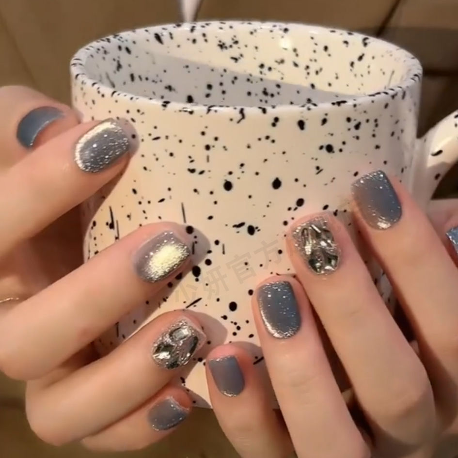 蓝色带钻晶石猫眼美甲穿戴甲新款网红穿戴美甲蝴蝶结指甲贴片美甲