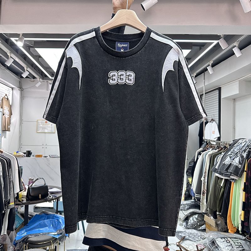 欧美高街数字333布贴刺绣复古拼接洗水做旧男女宽松短袖t恤潮
