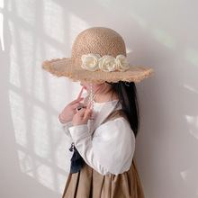 新款女童珍珠链条花朵草帽法式圆顶大帽檐遮阳防晒防紫外线 帽子