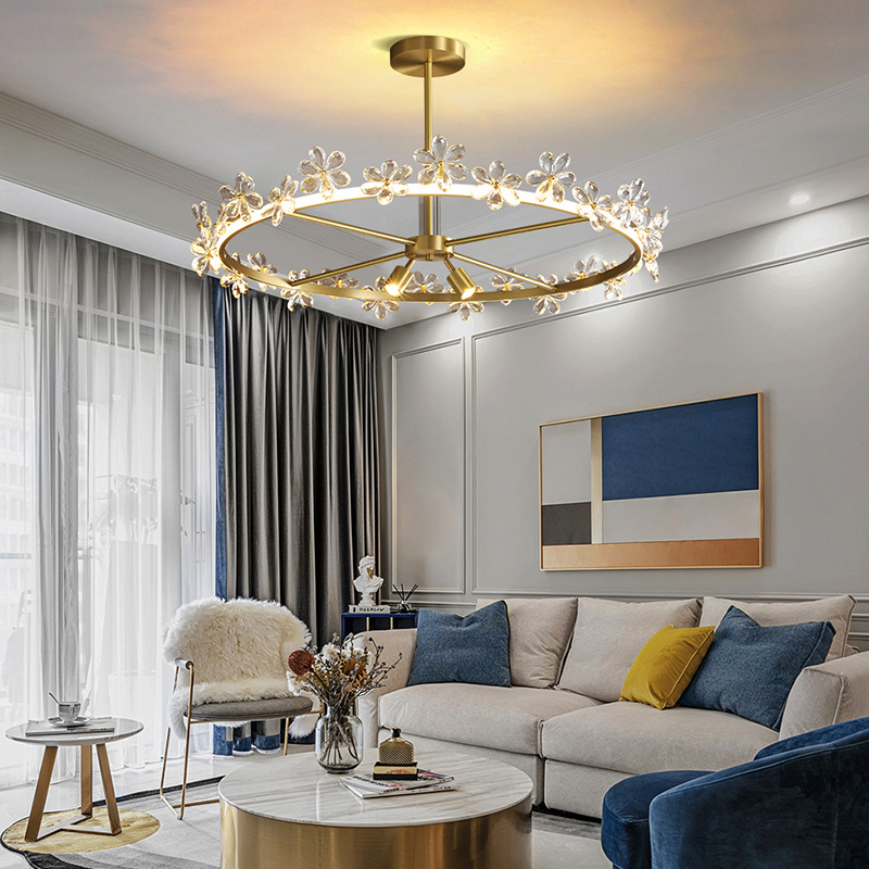 All Copper Crystal Living Room Chandelier Nordic Post-Modern Simple and Light Luxury Restaurant Flower Crystal Personalized Bedroom LED Lights