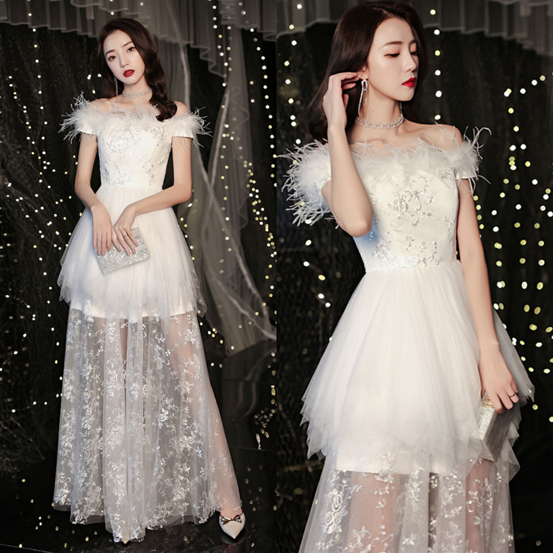 白色蕾丝晚礼服新娘婚纱毛毛露肩收腰显瘦拼接透视蓬蓬晚礼服伴娘